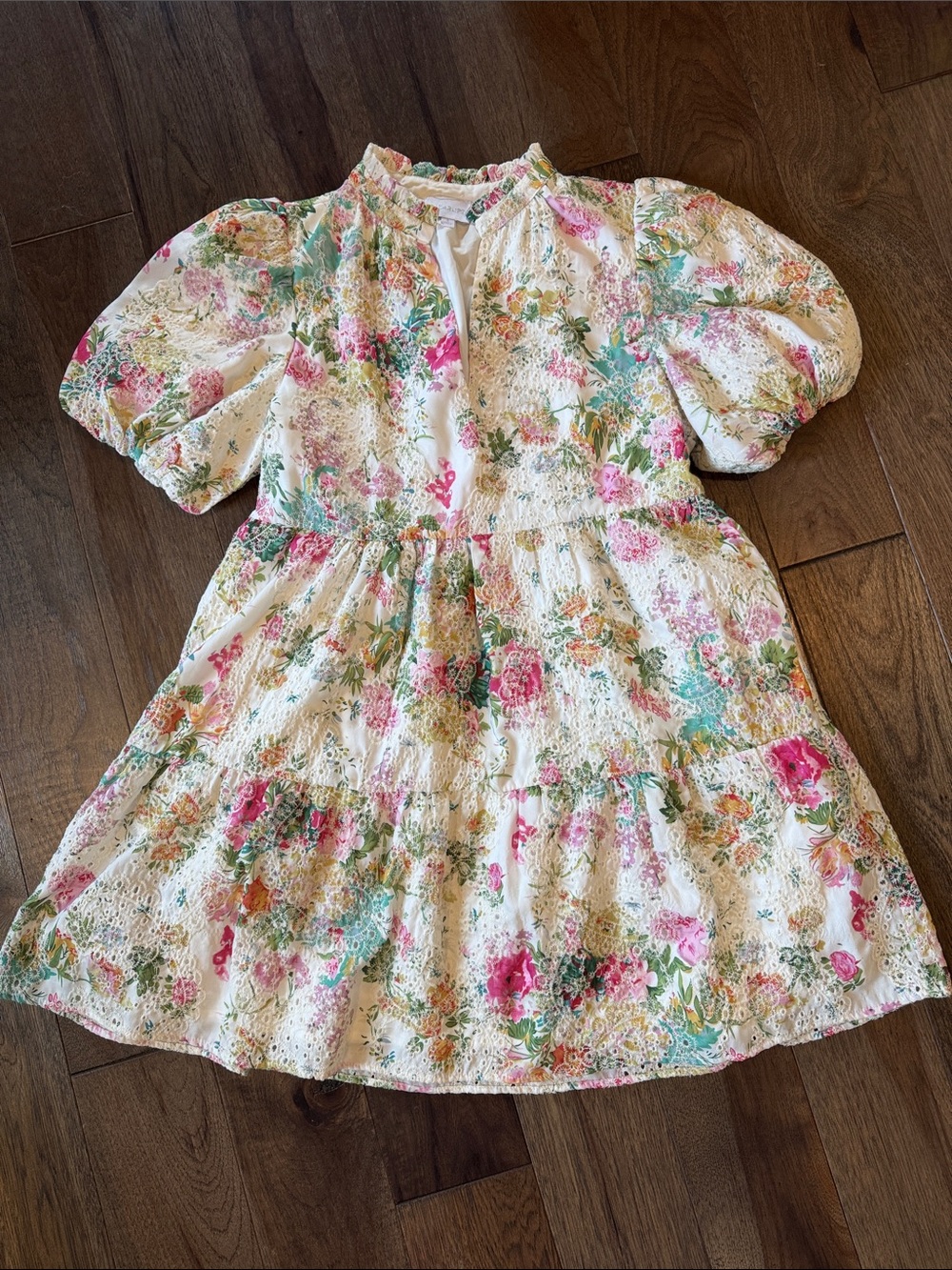 Sugarlips Cream Color Eyelet Dress with Pink and Teal Floral Print